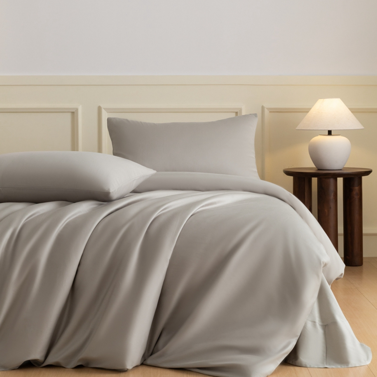 91家纺网 家纺一手货源 找家纺 秀色家纺 2026新款高端100pro新疆长绒棉床上四件套全棉纯棉四季纯色双拼高级感礼品团购四件套-米朵 米朵-烟墨灰