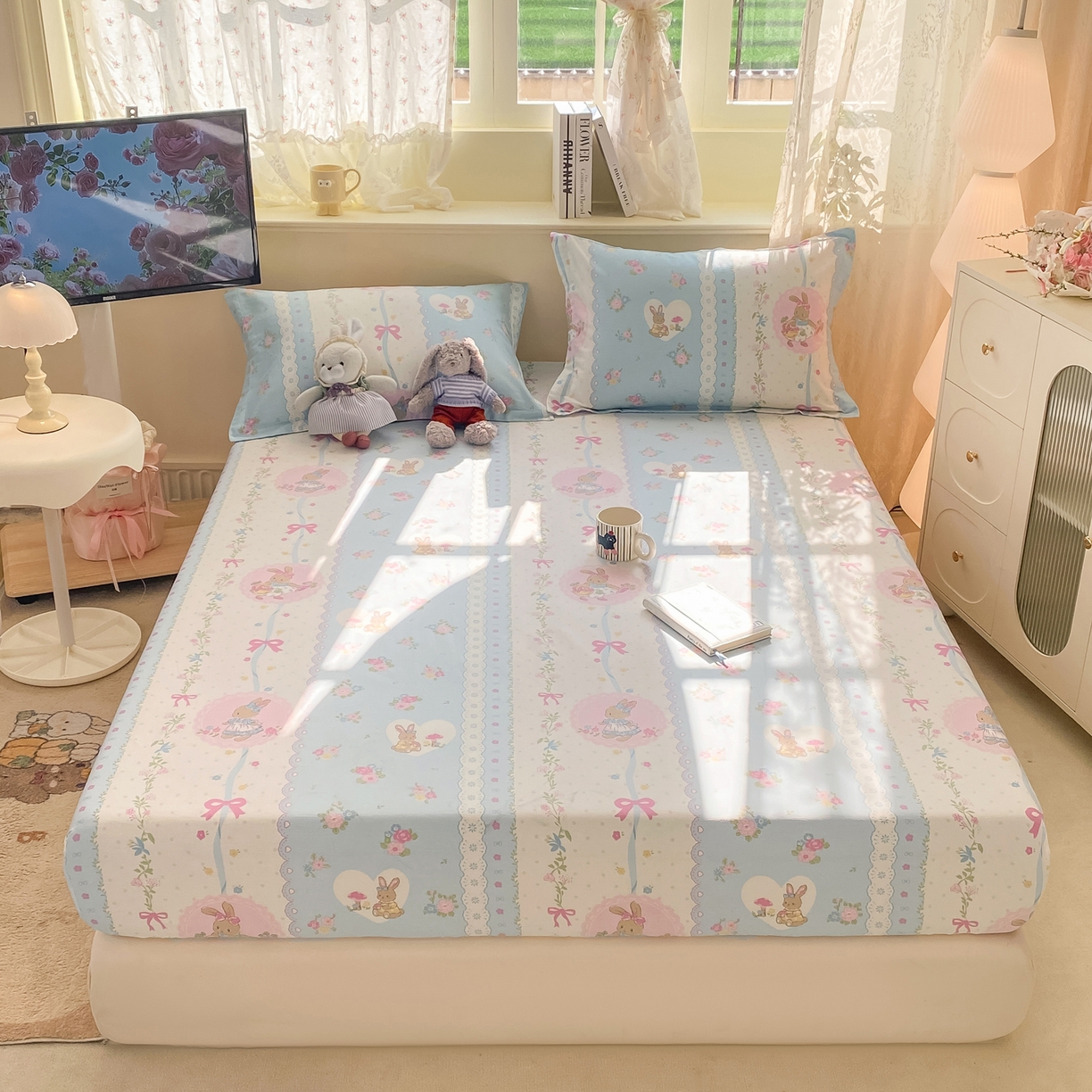 91家纺网 家纺一手货源 找家纺 女子家纺 2026新款全棉纯棉印花小清新系列单床笠单品床笠床笠单件 花丛兔兰