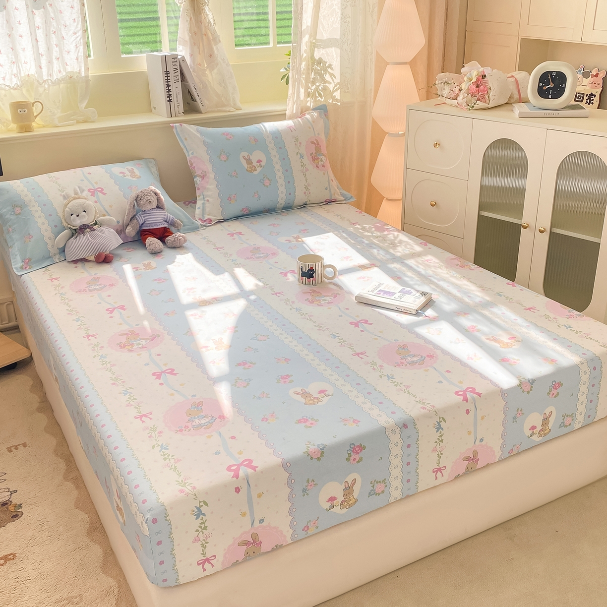 91家纺网 家纺一手货源 找家纺 女子家纺 2026新款全棉纯棉印花小清新系列单床笠单品床笠床笠单件 花丛兔兰