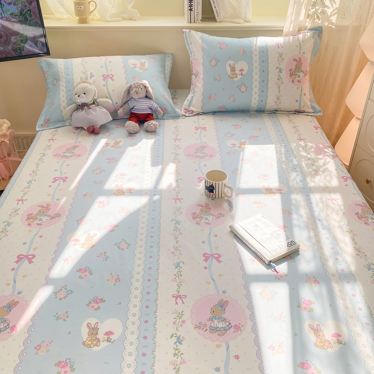 91家纺网 家纺一手货源 找家纺 女子家纺 2026新款全棉纯棉印花小清新系列单床笠单品床笠床笠单件 花丛兔兰