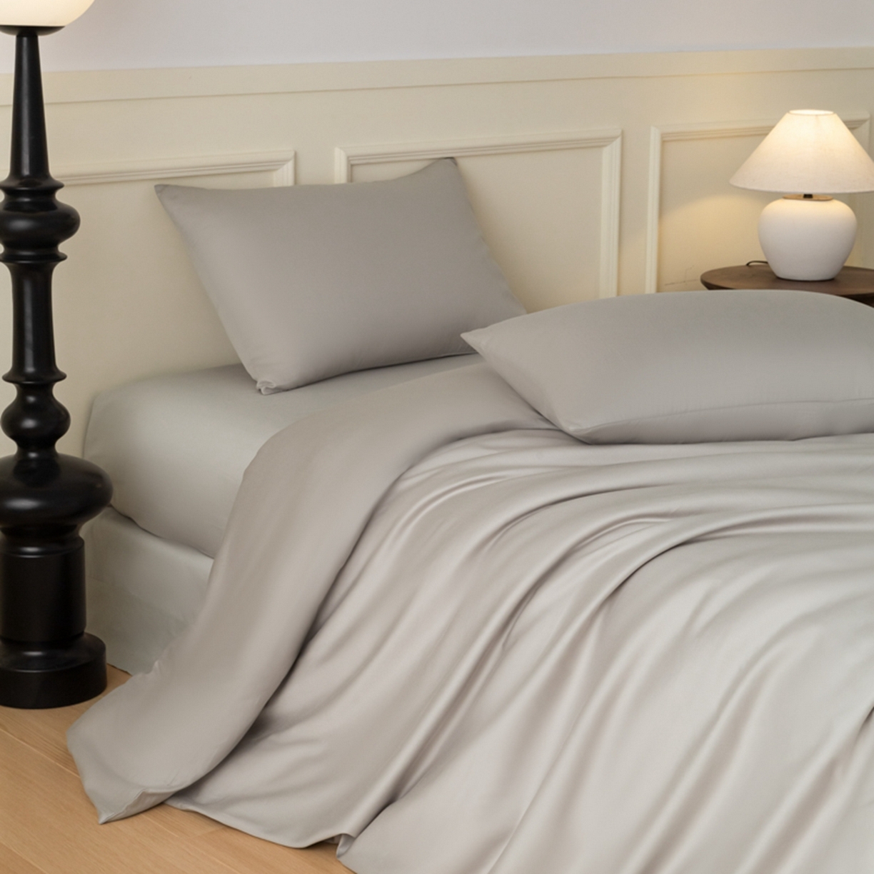 91家纺网 家纺一手货源 找家纺 秀色家纺 2026新款高端100pro新疆长绒棉床上四件套全棉纯棉四季纯色双拼高级感礼品团购四件套-米朵 米朵-烟墨灰