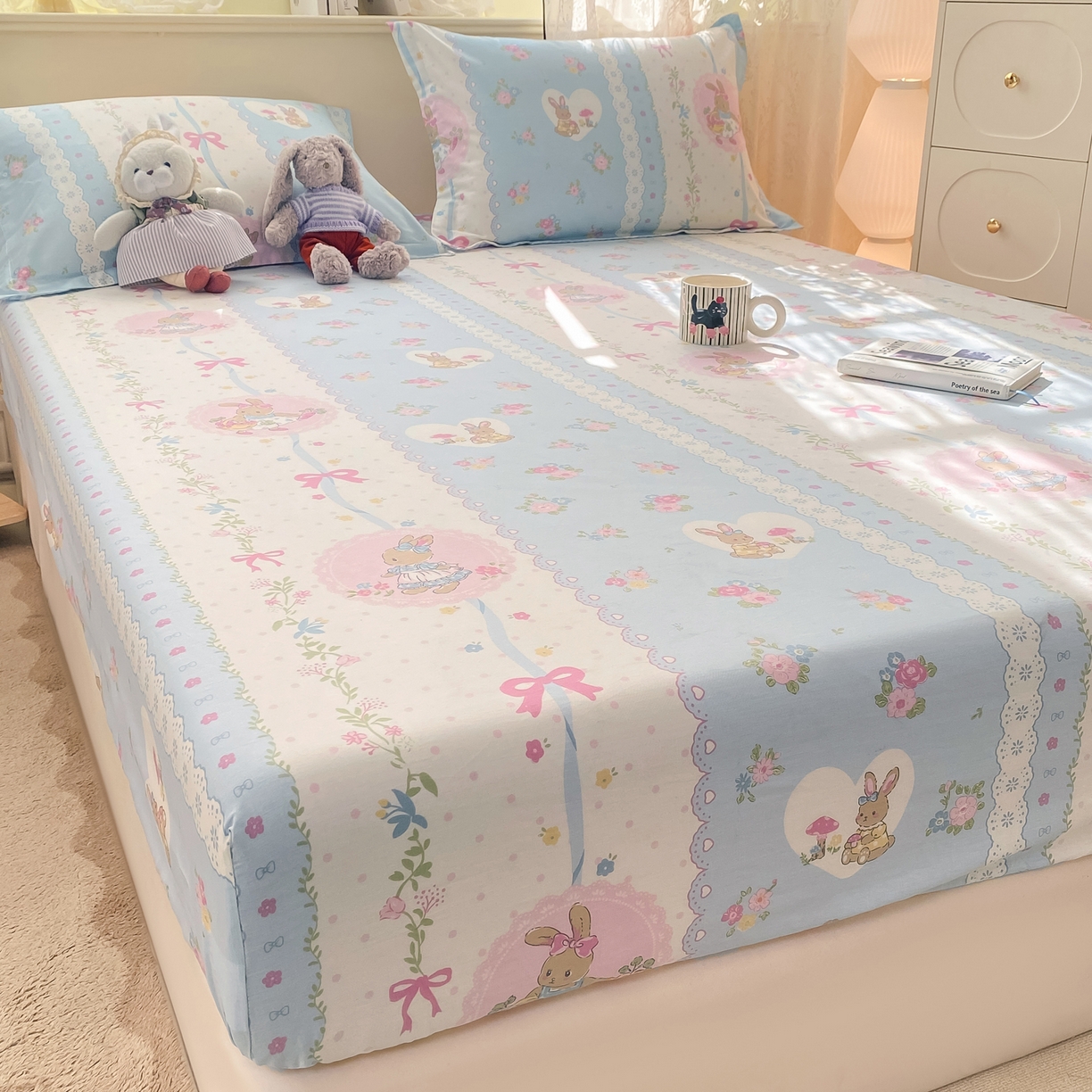 91家纺网 家纺一手货源 找家纺 女子家纺 2026新款全棉纯棉印花小清新系列单床笠单品床笠床笠单件 花丛兔兰