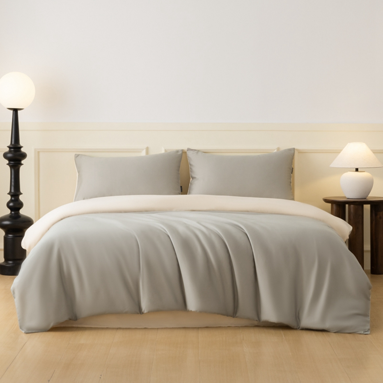 91家纺网 家纺一手货源 找家纺 秀色家纺 2026新款高端100pro新疆长绒棉床上四件套全棉纯棉四季纯色双拼高级感礼品团购四件套-米朵 米朵-烟墨灰+奶昔白