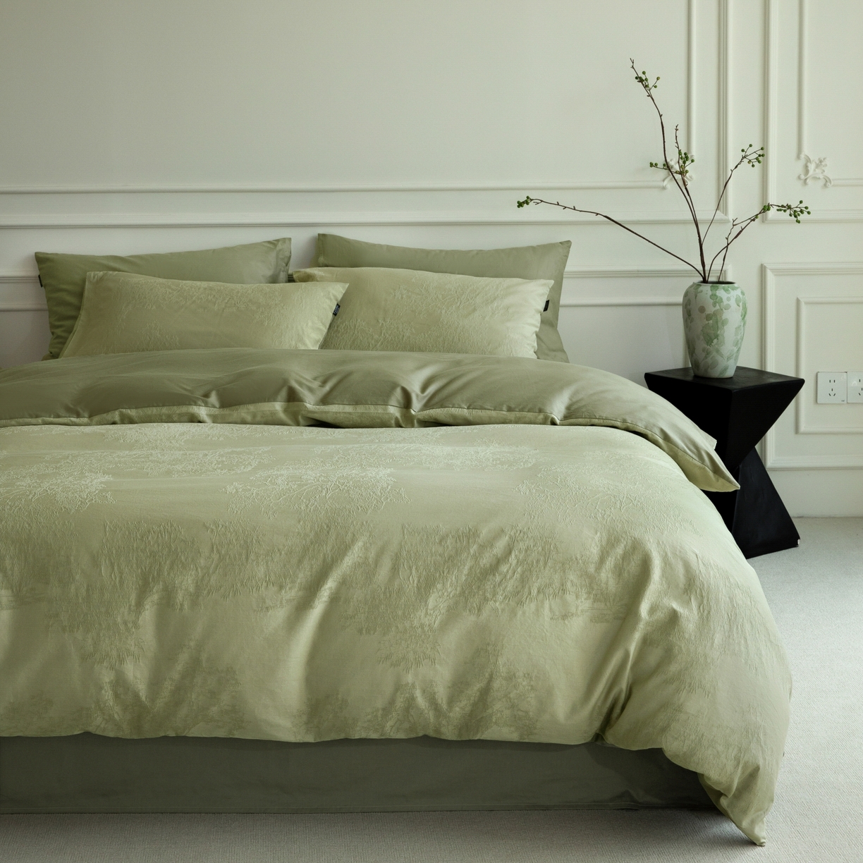 91家纺网 家纺一手货源 找家纺 宜代光年 2026年新款全棉厚织提花四件套系列（第一批花型）极有家花型 小郁葱-浅绿