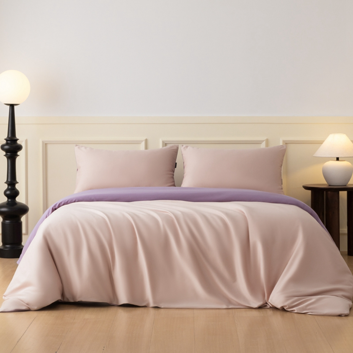 91家纺网 家纺一手货源 找家纺 秀色家纺 2026新款高端100pro新疆长绒棉床上四件套全棉纯棉四季纯色双拼高级感礼品团购四件套-米朵 米朵-茱萸粉+乌梅紫