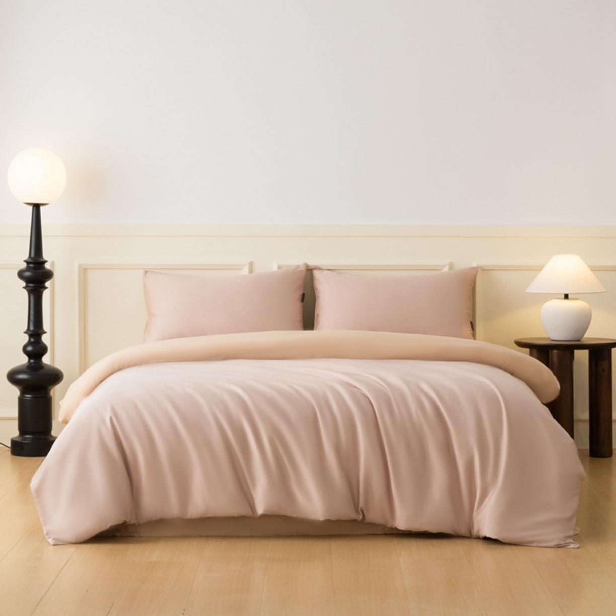 91家纺网 家纺一手货源 找家纺 秀色家纺 2026新款高端100pro新疆长绒棉床上四件套全棉纯棉四季纯色双拼高级感礼品团购四件套-米朵 米朵-茱萸粉+香槟金