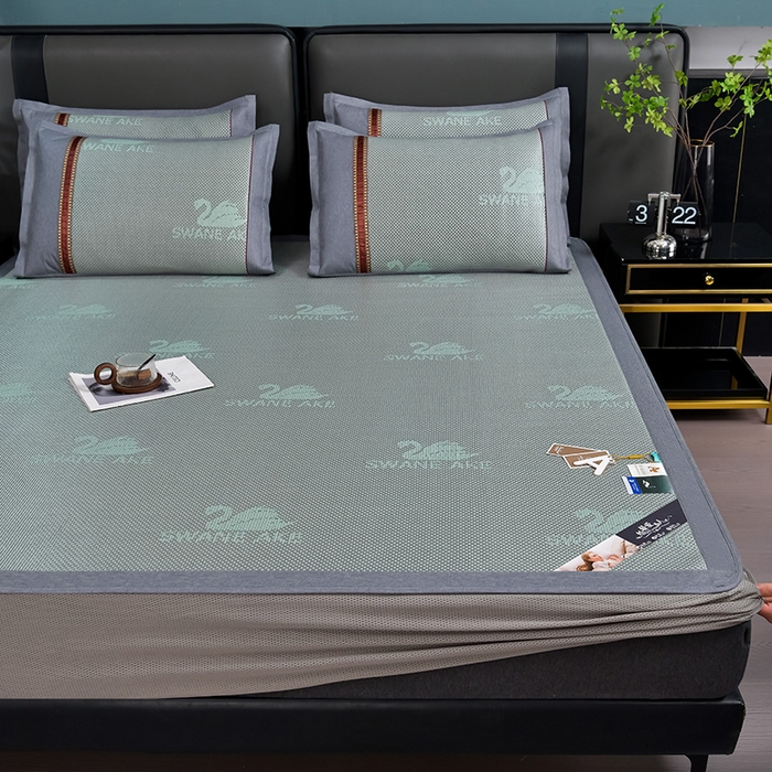 91家纺网 家纺一手货源 找家纺 小牛席业 2026新款加厚款-天鹅冰藤席系列（床笠款） 天鹅冰藤席系列（床笠款）-绿色