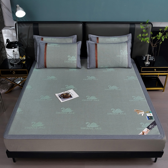 91家纺网 家纺一手货源 找家纺 小牛席业 2026新款加厚款-天鹅冰藤席系列（床笠款） 天鹅冰藤席系列（床笠款）-绿色