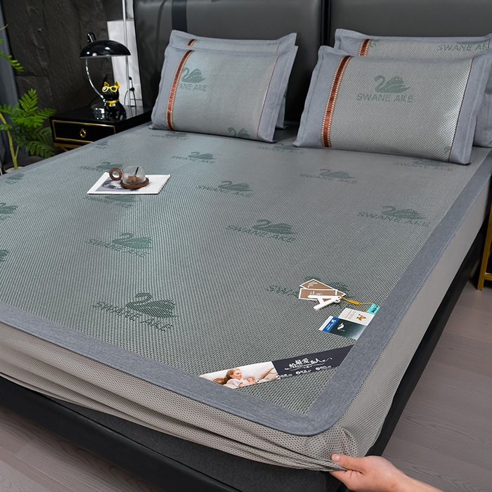 小牛席业 2026新款加厚款-天鹅冰藤席系列（床笠款） 天鹅冰藤席系列（床笠款）-墨绿