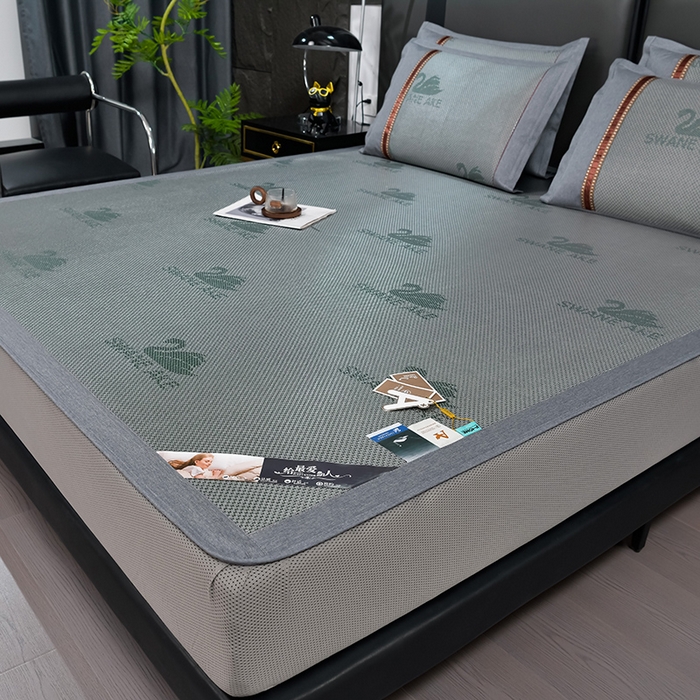 91家纺网 家纺一手货源 找家纺 小牛席业 2026新款加厚款-天鹅冰藤席系列（床笠款） 天鹅冰藤席系列（床笠款）-墨绿