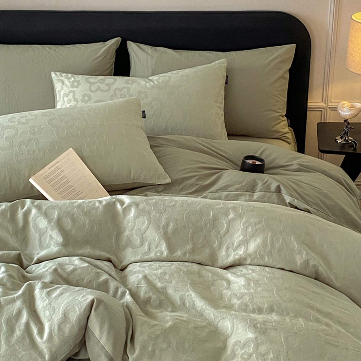 91家纺网 家纺一手货源 找家纺 宜代光年 2026年新款全棉纯棉厚织提花四件套系列（第一批花型） 朵朵-浅绿