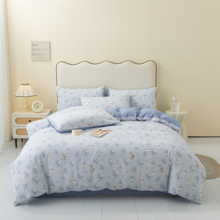 91家纺网 家纺一手货源 找家纺 铭浩家纺 2026春夏新款云感双层皱皱纱四件套 蓝兔花眠