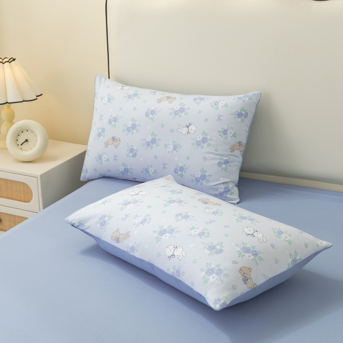 91家纺网 家纺一手货源 找家纺 铭浩家纺 2026春夏新款云感双层皱皱纱四件套 蓝兔花眠