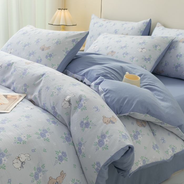 铭浩家纺 2026春夏新款云感双层皱皱纱四件套 蓝兔花眠