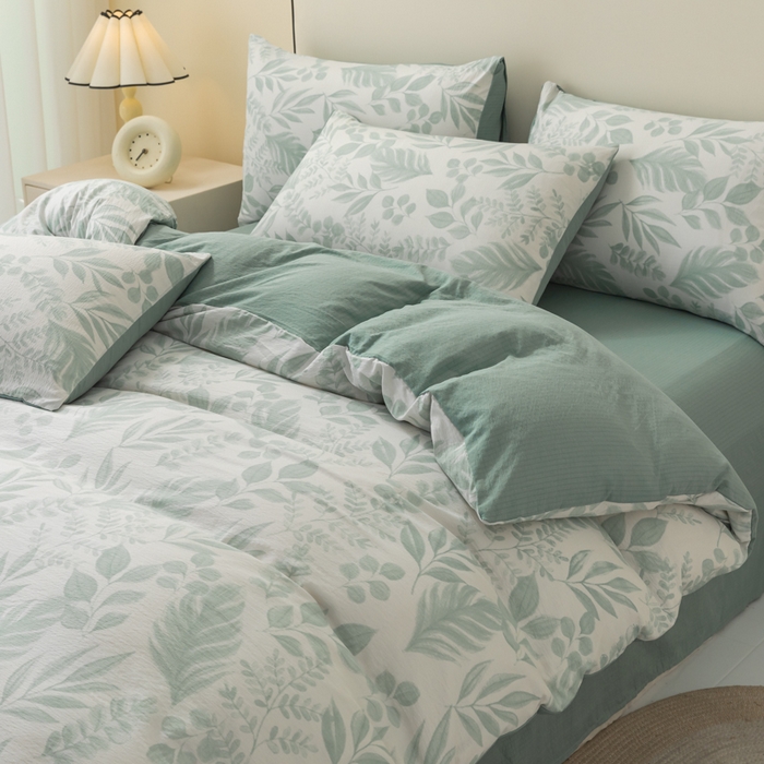 91家纺网 家纺一手货源 找家纺 铭浩家纺 2026春夏新款云感双层皱皱纱四件套 青枝漫影