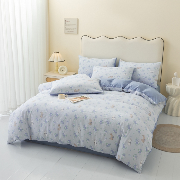 91家纺网 家纺一手货源 找家纺 铭浩家纺 2026春夏新款云感双层皱皱纱四件套 蓝兔花眠