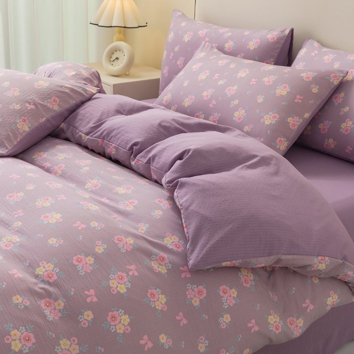 91家纺网 家纺一手货源 找家纺 铭浩家纺 2026春夏新款云感双层皱皱纱四件套 紫樱小筑