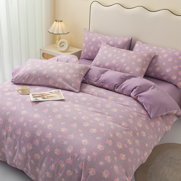 91家纺网 家纺一手货源 找家纺 铭浩家纺 2026春夏新款云感双层皱皱纱四件套 紫樱小筑