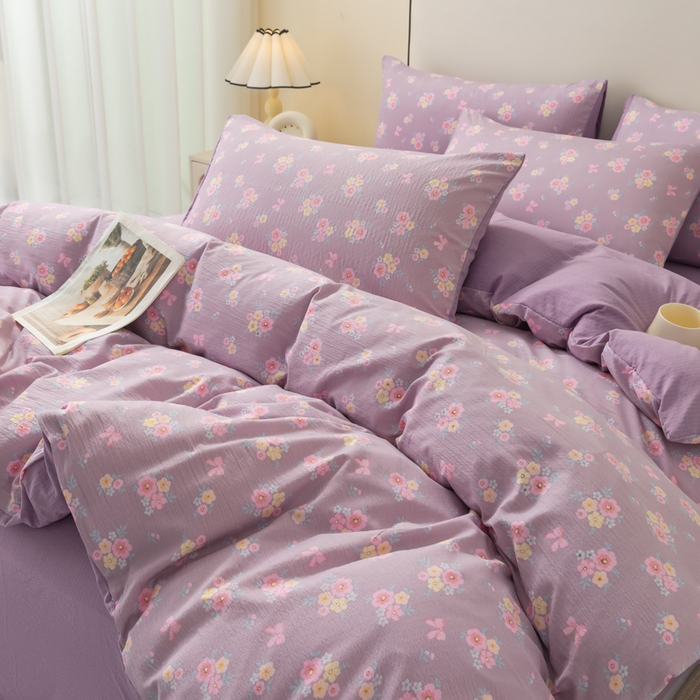 91家纺网 家纺一手货源 找家纺 铭浩家纺 2026春夏新款云感双层皱皱纱四件套 紫樱小筑