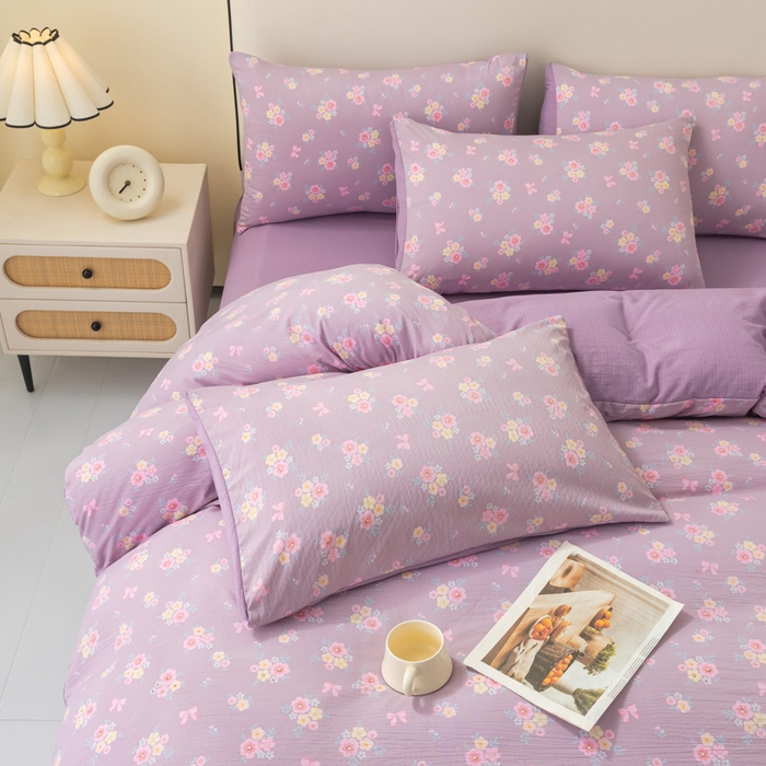 91家纺网 家纺一手货源 找家纺 铭浩家纺 2026春夏新款云感双层皱皱纱四件套 紫樱小筑