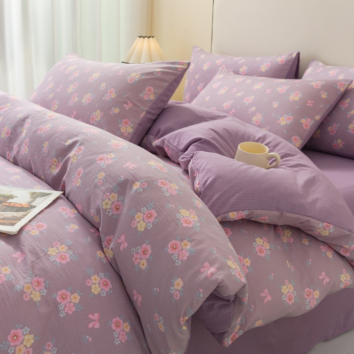 铭浩家纺 2026春夏新款云感双层皱皱纱四件套 紫樱小筑