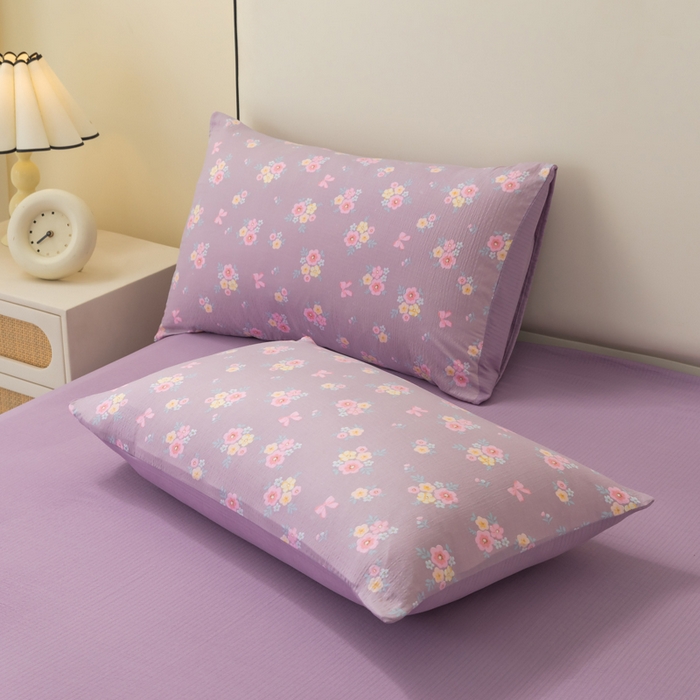 91家纺网 家纺一手货源 找家纺 铭浩家纺 2026春夏新款云感双层皱皱纱四件套 紫樱小筑