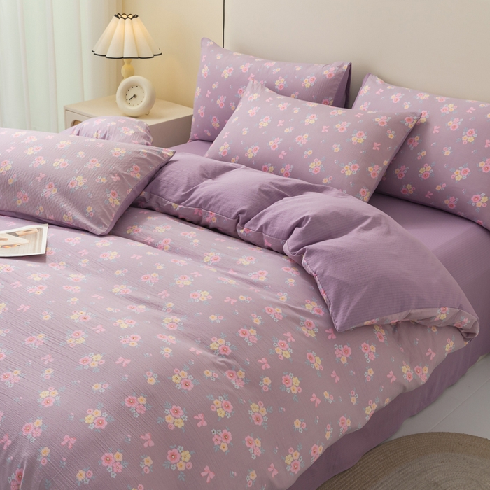 91家纺网 家纺一手货源 找家纺 铭浩家纺 2026春夏新款云感双层皱皱纱四件套 紫樱小筑