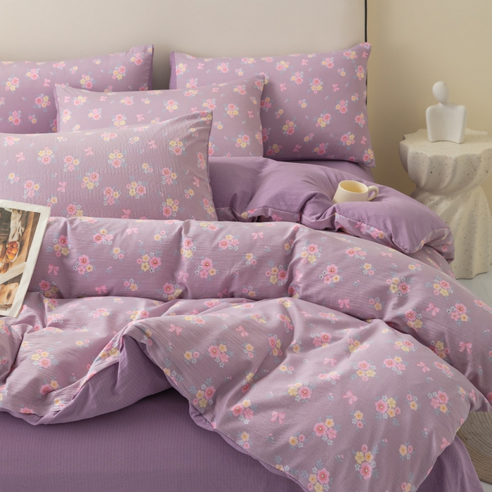 91家纺网 家纺一手货源 找家纺 铭浩家纺 2026春夏新款云感双层皱皱纱四件套 紫樱小筑