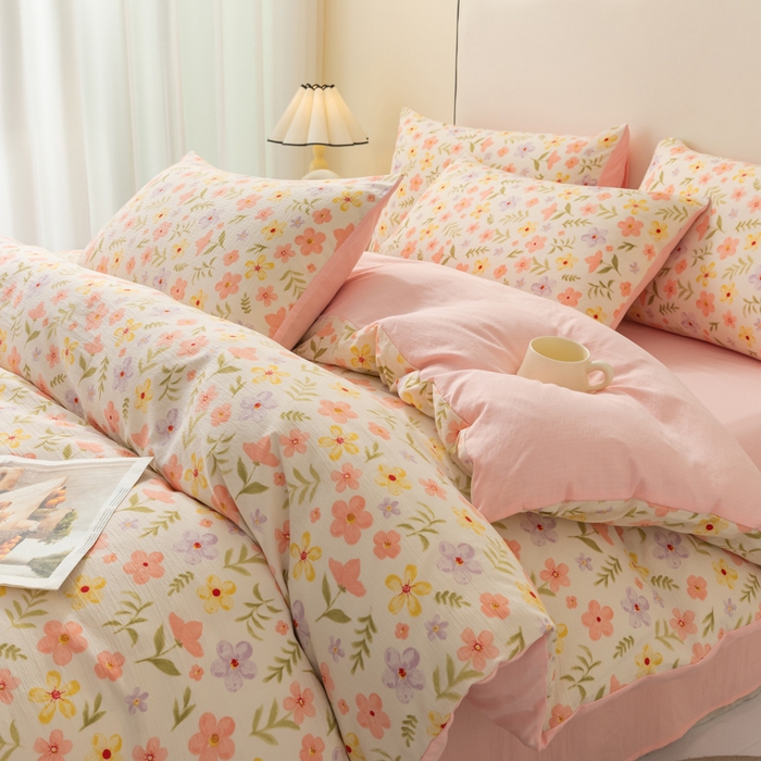 铭浩家纺 2026春夏新款云感双层皱皱纱四件套 春日花野