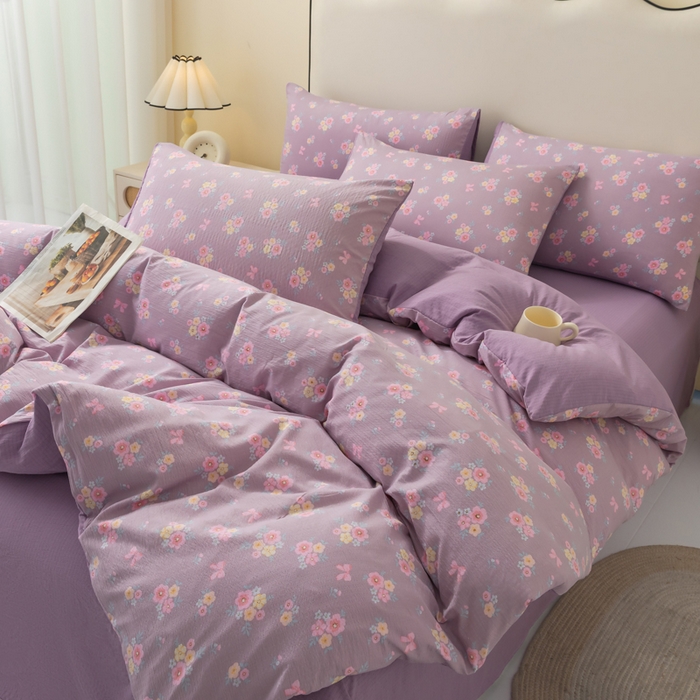 91家纺网 家纺一手货源 找家纺 铭浩家纺 2026春夏新款云感双层皱皱纱四件套 紫樱小筑