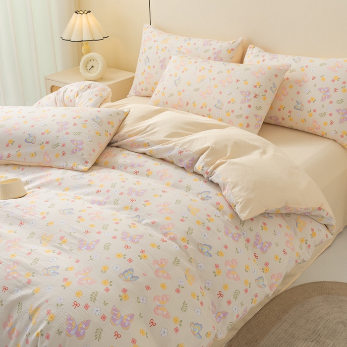 91家纺网 家纺一手货源 找家纺 铭浩家纺 2026春夏新款云感双层皱皱纱四件套 花间鲽语