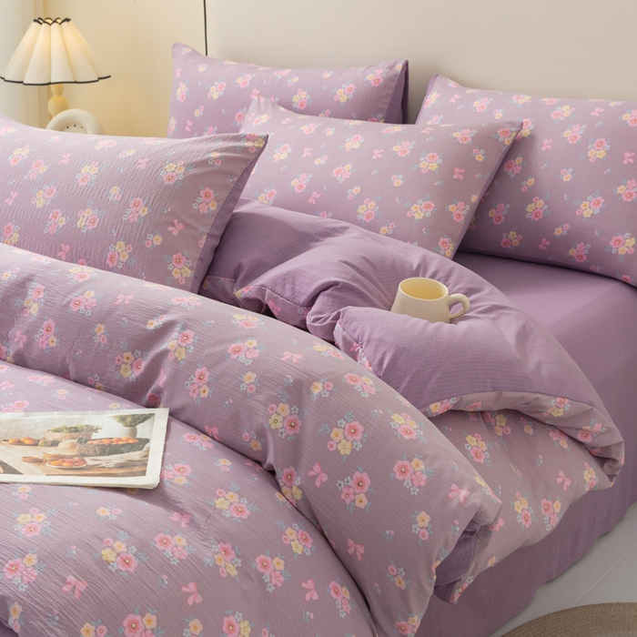 91家纺网 家纺一手货源 找家纺 铭浩家纺 2026春夏新款云感双层皱皱纱四件套 紫樱小筑