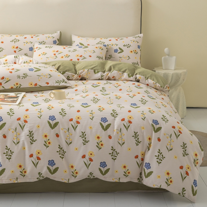 91家纺网 家纺一手货源 找家纺 铭浩家纺 2026春夏新款云感双层皱皱纱四件套 花野闲趣