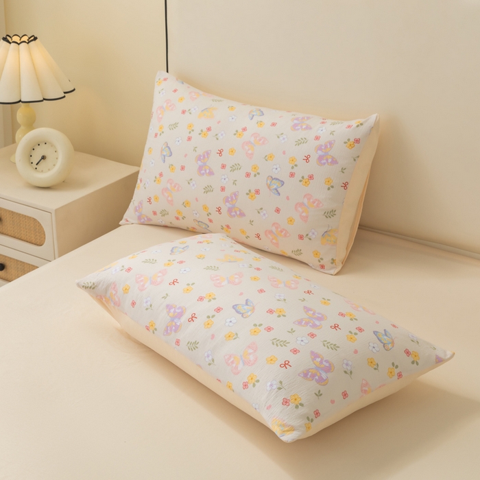 91家纺网 家纺一手货源 找家纺 铭浩家纺 2026春夏新款云感双层皱皱纱四件套 花间鲽语