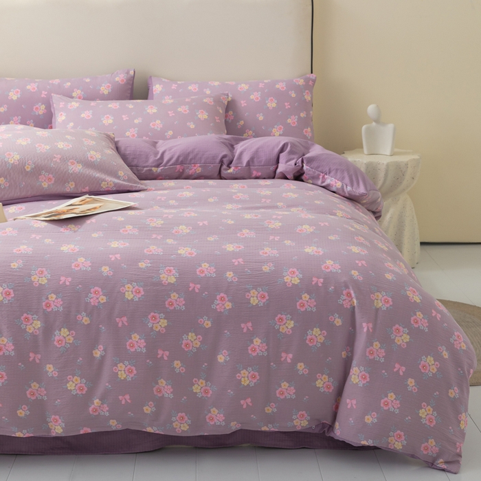 91家纺网 家纺一手货源 找家纺 铭浩家纺 2026春夏新款云感双层皱皱纱四件套 紫樱小筑