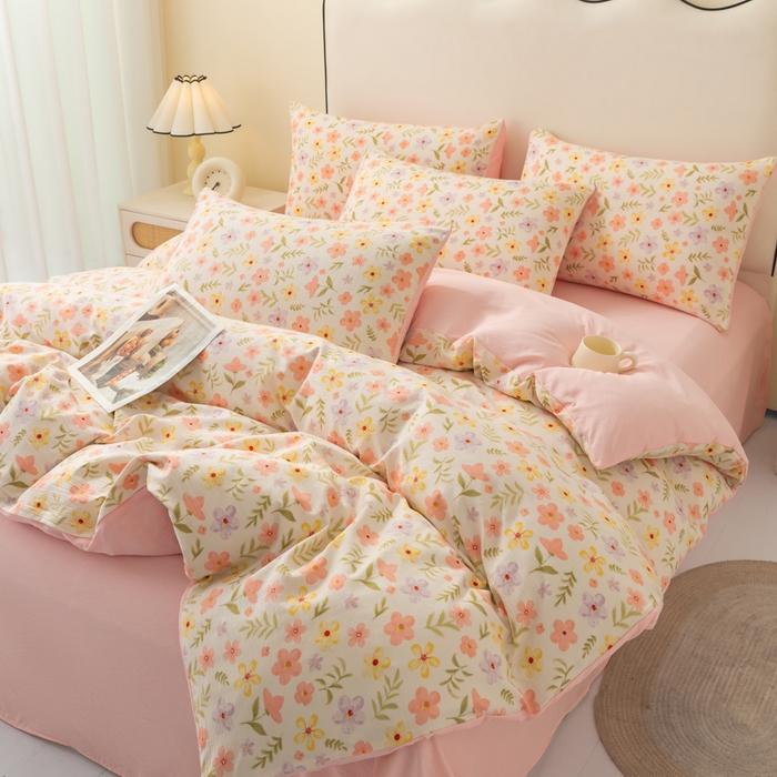 91家纺网 家纺一手货源 找家纺 铭浩家纺 2026春夏新款云感双层皱皱纱四件套 春日花野