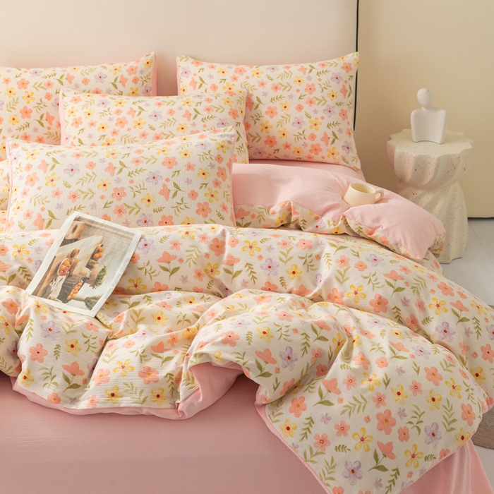 91家纺网 家纺一手货源 找家纺 铭浩家纺 2026春夏新款云感双层皱皱纱四件套 春日花野