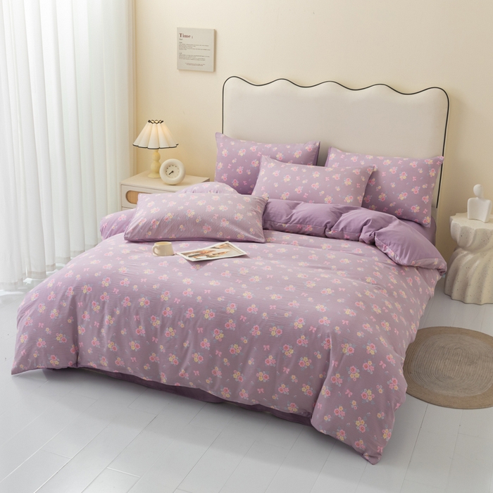 91家纺网 家纺一手货源 找家纺 铭浩家纺 2026春夏新款云感双层皱皱纱四件套 紫樱小筑