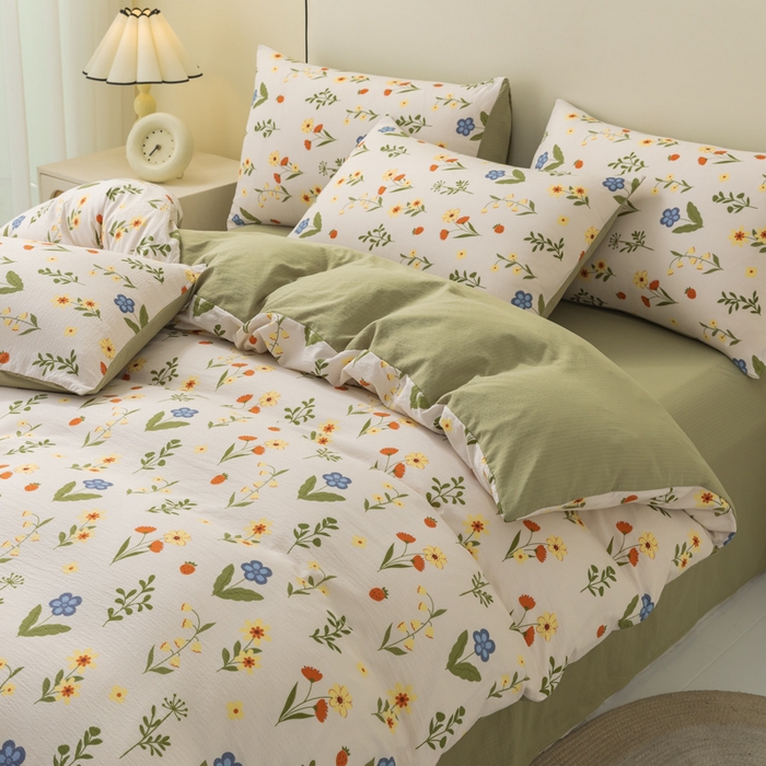 91家纺网 家纺一手货源 找家纺 铭浩家纺 2026春夏新款云感双层皱皱纱四件套 花野闲趣