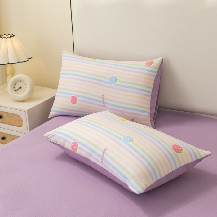 91家纺网 家纺一手货源 找家纺 铭浩家纺 2026春夏新款云感双层皱皱纱四件套 草莓乐园