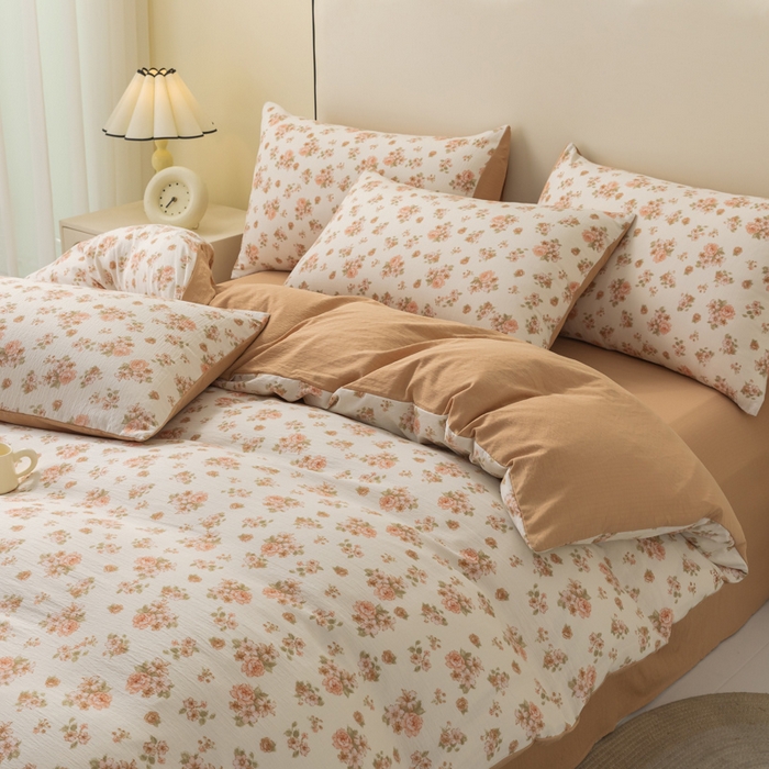 91家纺网 家纺一手货源 找家纺 铭浩家纺 2026春夏新款云感双层皱皱纱四件套 杏影花踪