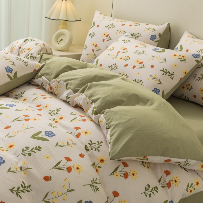 91家纺网 家纺一手货源 找家纺 铭浩家纺 2026春夏新款云感双层皱皱纱四件套 花野闲趣