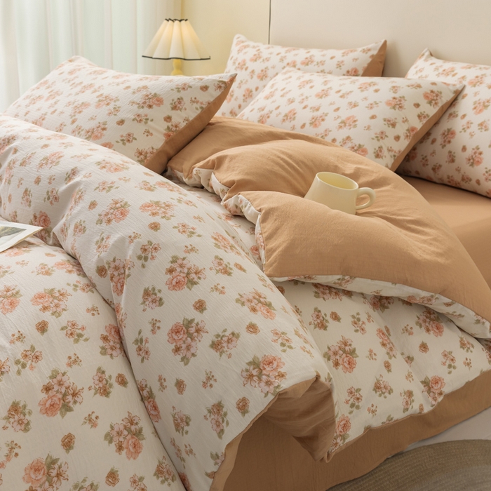 91家纺网 家纺一手货源 找家纺 铭浩家纺 2026春夏新款云感双层皱皱纱四件套 杏影花踪