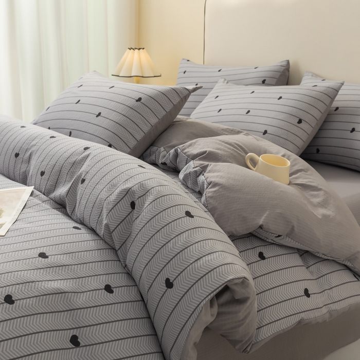 铭浩家纺 2026春夏新款云感双层皱皱纱四件套 心动条纹