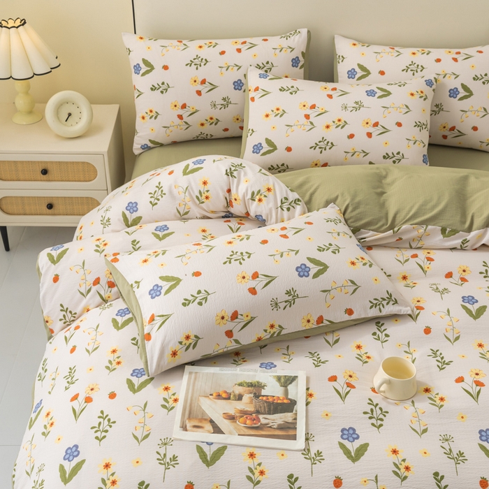 91家纺网 家纺一手货源 找家纺 铭浩家纺 2026春夏新款云感双层皱皱纱四件套 花野闲趣