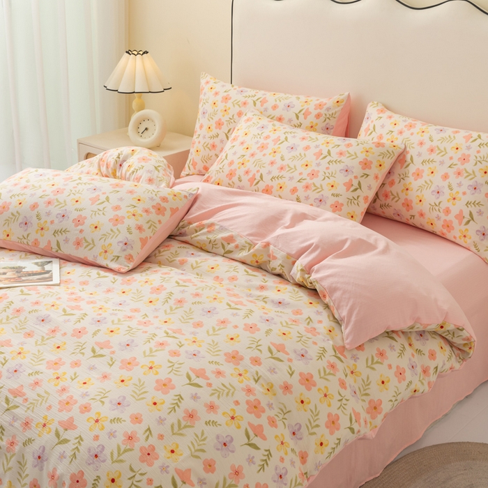 91家纺网 家纺一手货源 找家纺 铭浩家纺 2026春夏新款云感双层皱皱纱四件套 春日花野