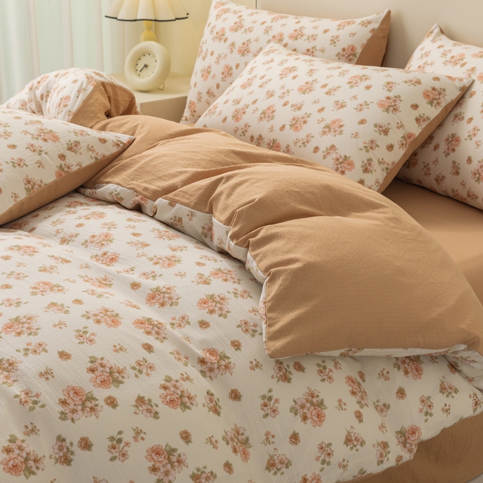 91家纺网 家纺一手货源 找家纺 铭浩家纺 2026春夏新款云感双层皱皱纱四件套 杏影花踪