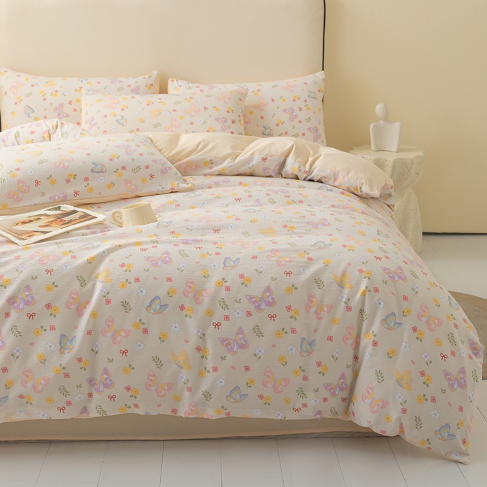 91家纺网 家纺一手货源 找家纺 铭浩家纺 2026春夏新款云感双层皱皱纱四件套 花间鲽语