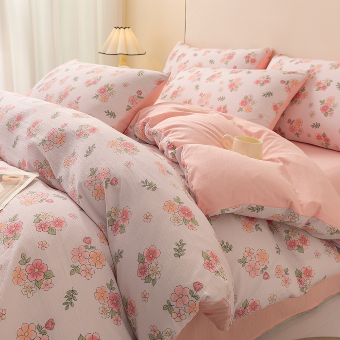 铭浩家纺 2026春夏新款云感双层皱皱纱四件套 粉桃花眠