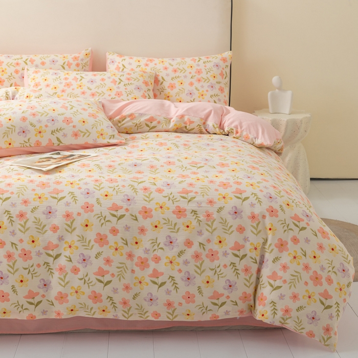 91家纺网 家纺一手货源 找家纺 铭浩家纺 2026春夏新款云感双层皱皱纱四件套 春日花野